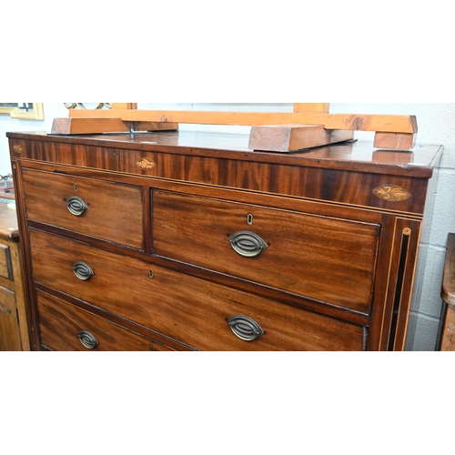 371 - A 19th century mahogany inlaid chest of two short over three long drawers on bracket feet (1 a/f), 1... 