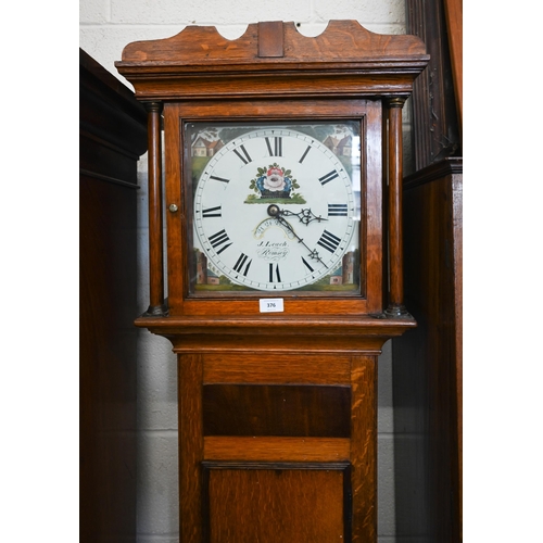 376 - An early 19th century oak cottage longcase clock, painted dial with date aperture, 30 hour movement ... 