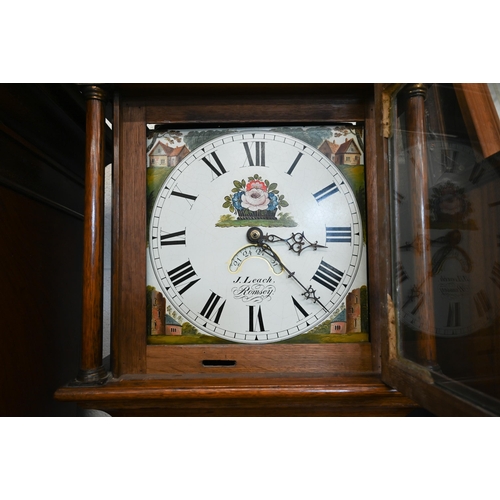 376 - An early 19th century oak cottage longcase clock, painted dial with date aperture, 30 hour movement ... 