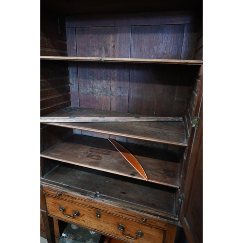 377 - A 19th century side cabinet with two panelled cupboards enclosing adjustable shelves over brushing s... 