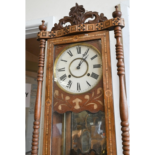 401 - A 19th/20th century Vienna style walnut and Tunbridge marquetry wall clock, 98 cm high