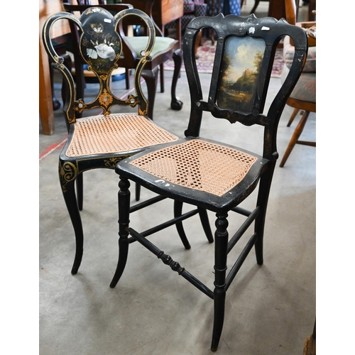 407 - A Victorian Jennens & Bettridge black lacquer chair with mother-of-pearl and gilded decoration a... 