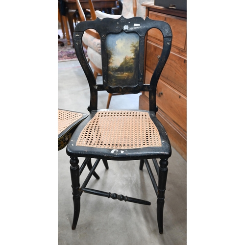 407 - A Victorian Jennens & Bettridge black lacquer chair with mother-of-pearl and gilded decoration a... 