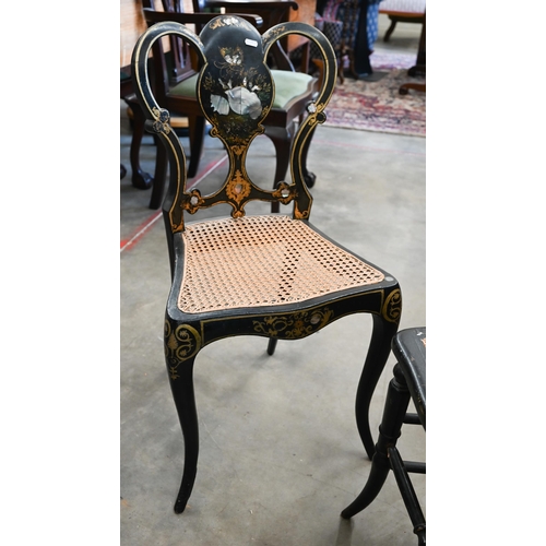 407 - A Victorian Jennens & Bettridge black lacquer chair with mother-of-pearl and gilded decoration a... 