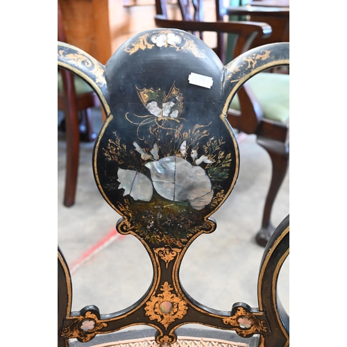 407 - A Victorian Jennens & Bettridge black lacquer chair with mother-of-pearl and gilded decoration a... 