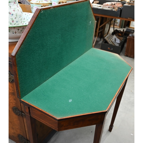 412 - A 19th century mahogany crossbanded card table with baize lined folding top on tapering square suppo... 