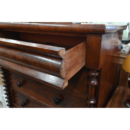 416 - A Victorian mahogany chest with cushion moulded top drawer over four standard drawers between barley... 