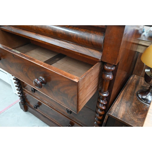 416 - A Victorian mahogany chest with cushion moulded top drawer over four standard drawers between barley... 