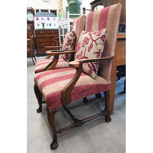 419 - Pair of mahogany framed Gainsborough style open armchairs with red striped upholstery, each with a f... 