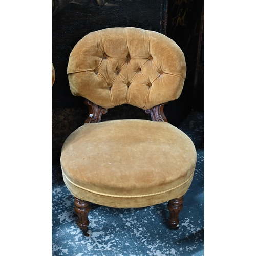 422 - Two Victorian walnut nursing chairs in gold button-back dralon upholstery (2)