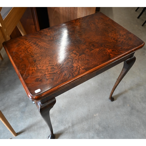 424 - AMENDMENT - An reproduction burr walnut / pollard oak and oak folding card table with baize lined to... 