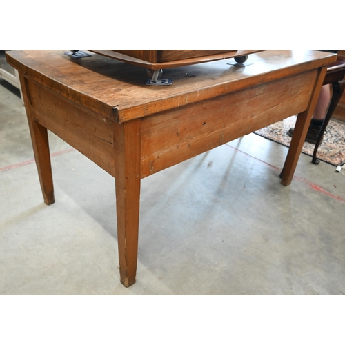 427 - An antique provincial waxed pine table with two deep frieze drawers on tapering supports, 146 cm x 8... 