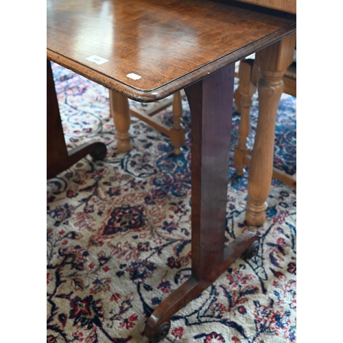 433 - A Victorian mahogany side table on rectangular trestle supports and scroll feet, 84 cm wide x 45 cm ... 