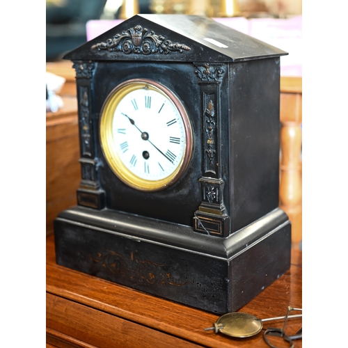 439 - # An early 20th century slate architectural mantel clock with drum movement c/w pendulum and key... 