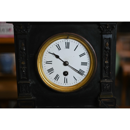 439 - # An early 20th century slate architectural mantel clock with drum movement c/w pendulum and key... 