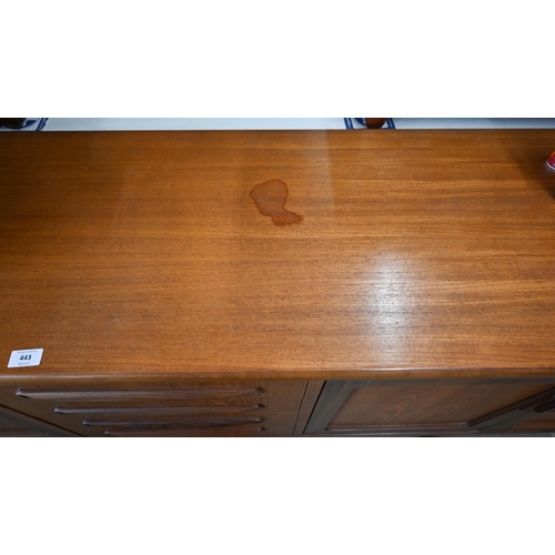 443 - A mid-century G-Plan teak fresco sideboard, 214 cm wide x 45 cm deep x 80 cm high