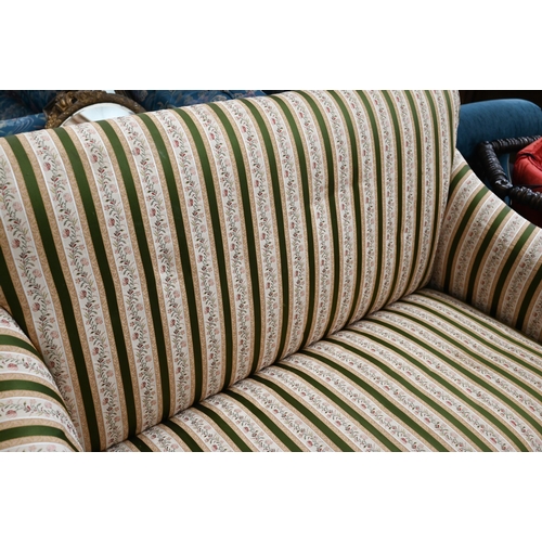 448 - Antique walnut framed salon settee in green Regency stripe floral fabric, tapering square front legs... 