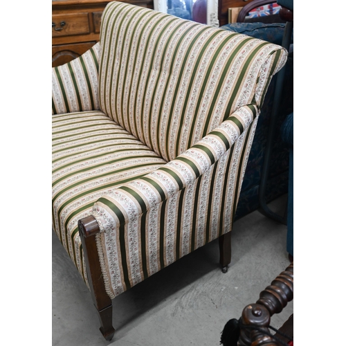 448 - Antique walnut framed salon settee in green Regency stripe floral fabric, tapering square front legs... 