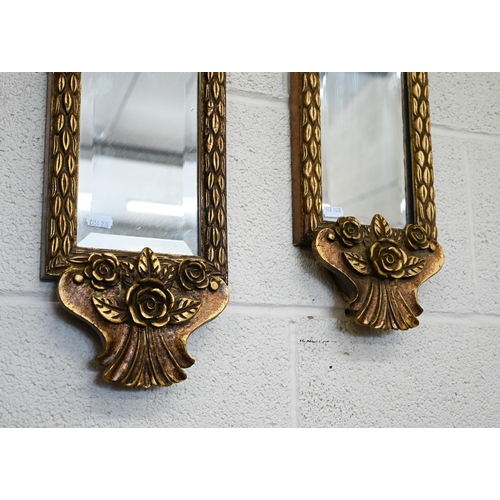 452 - Three Louis XVI style narrow wall mirrors with bevelled plates and gilded wreath moulded frames, 18 ... 