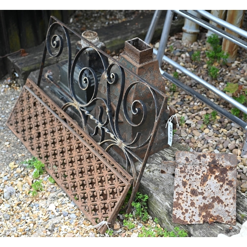 51 - Two differing cast iron rainwater hoppers to/w a pair of cast iron grilles, a wrought iron panel and... 
