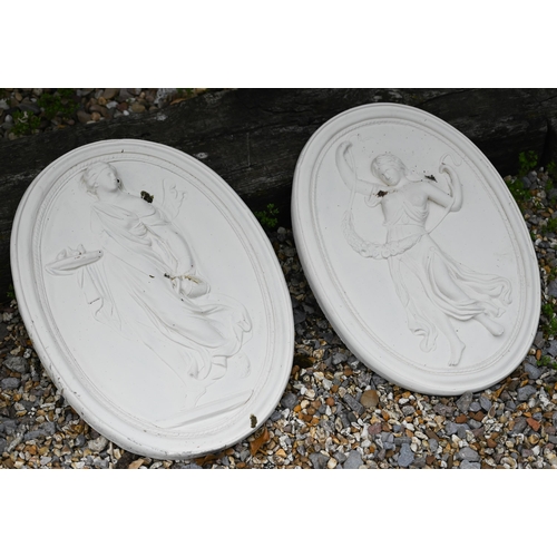 54 - Two cast composite Regency style oval wall plaques, 50 cm h (2)