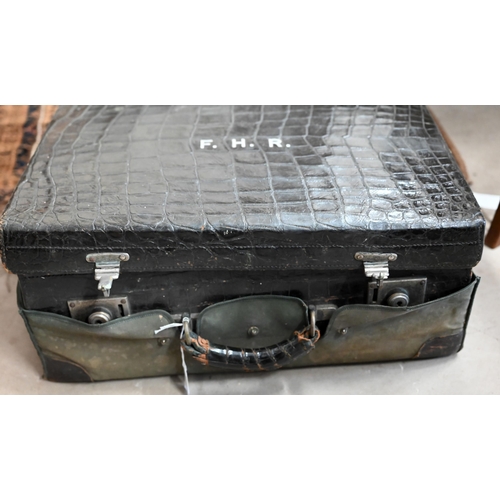 579 - A vintage crocodile-skin suitcase with green satin lining (lacks fittings), by Drew & Sons of Pi... 