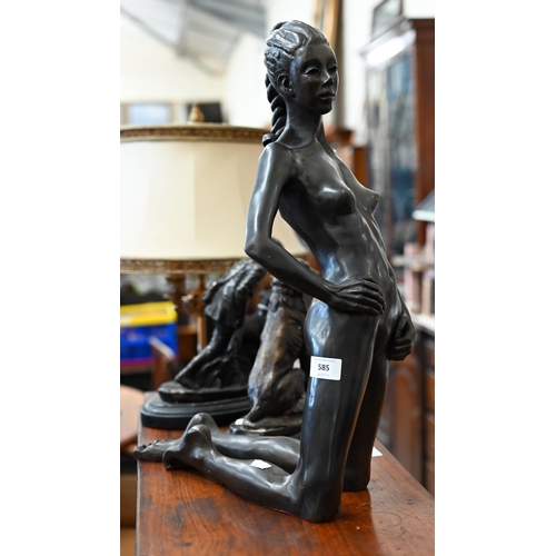 585 - A bronze figure, kneeling female nude, 53 cm