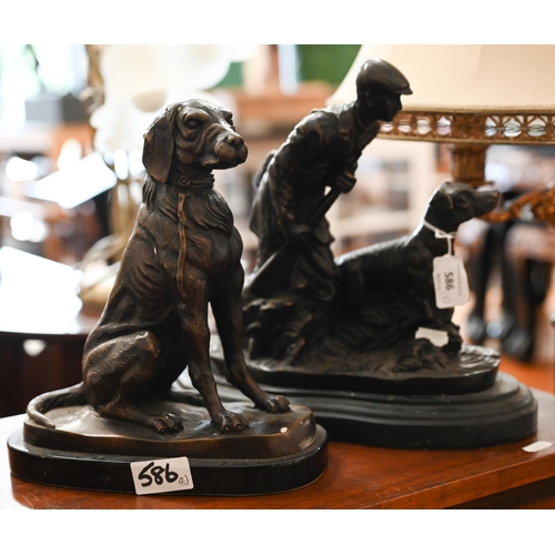 586 - A bronze group of a waterfowler with spaniel, signed 'Mené', 27 x 30 cm o/a, to/w another bronze of ... 