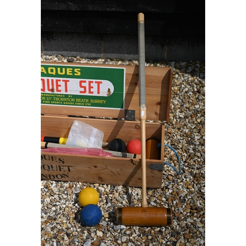 587 - A little used boxed Jacques croquet set with mallets, hoops, etc