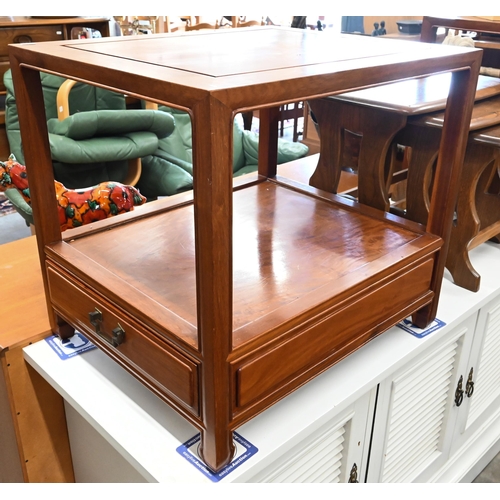 596 - A pair of Chinese rosewood two tier lamp tables with base drawer, 61 x 51 x 56 cm high (2)