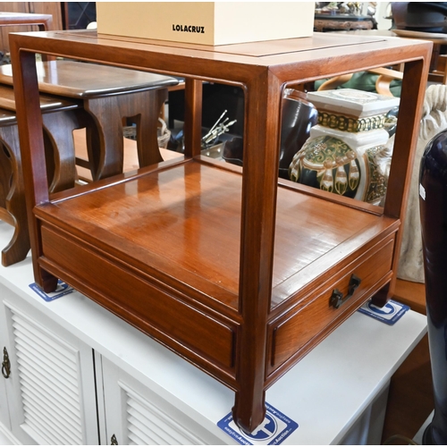 596 - A pair of Chinese rosewood two tier lamp tables with base drawer, 61 x 51 x 56 cm high (2)