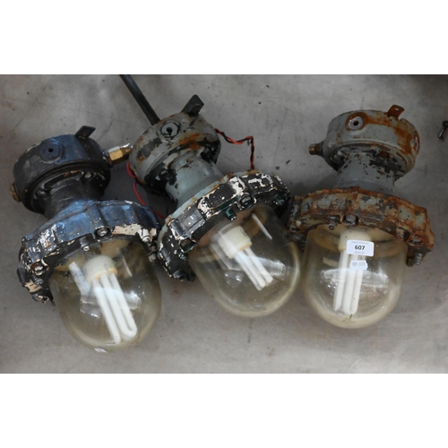 607 - A trio of vintage Simplex industrial hanging lanterns, a/f (3)