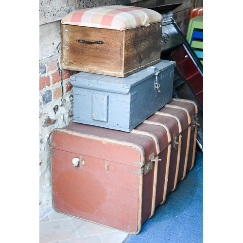 60A - # A 1920's travel trunk to/with a pine fabric topped box and a pained trunk (3)