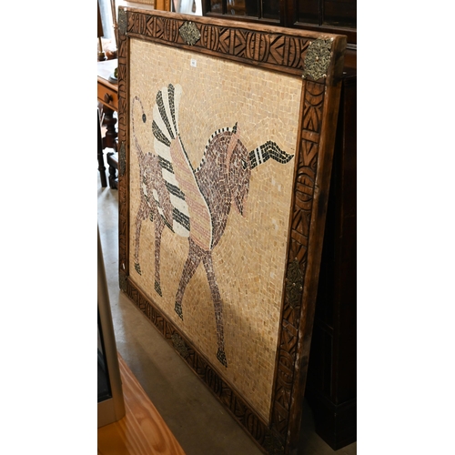 612 - A contemporary classic style micro-mosaic winged horse panel, within a carved hardwood frame, 120 cm... 