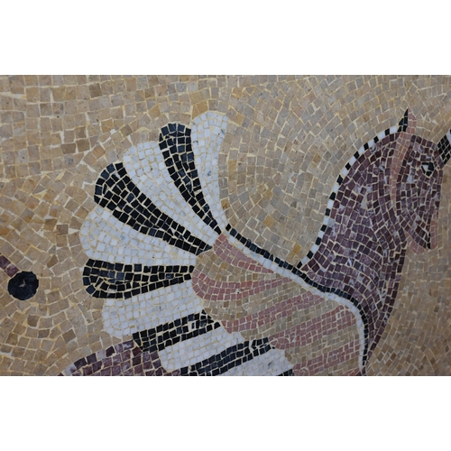 612 - A contemporary classic style micro-mosaic winged horse panel, within a carved hardwood frame, 120 cm... 