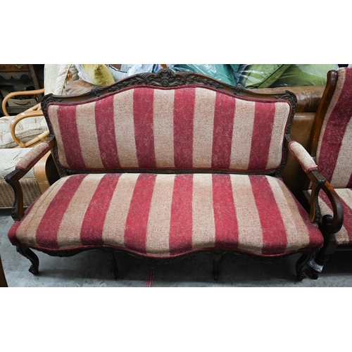 614 - An Edwardian moulded walnut framed three seat salon sofa to/w a Victorian salon open armchair and a ... 