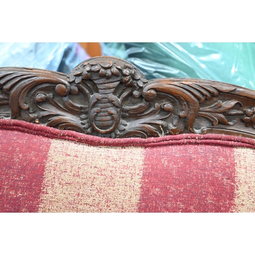 614 - An Edwardian moulded walnut framed three seat salon sofa to/w a Victorian salon open armchair and a ... 