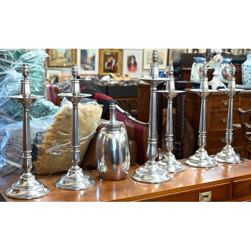 615 - Five pewter finished table lamps approx 59 cm high to/w another at 66 cm high and a vase lamp base (... 