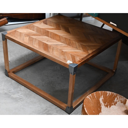 620 - A parquet teak top steel bound coffee table, 80 x 80 x 45 cm high