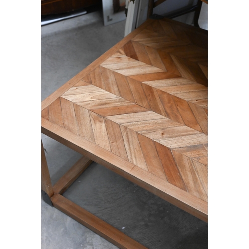 620 - A parquet teak top steel bound coffee table, 80 x 80 x 45 cm high