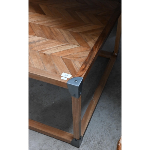 620 - A parquet teak top steel bound coffee table, 80 x 80 x 45 cm high