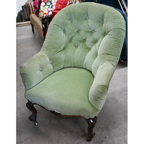 626 - A button green upholstered walnut salon armchair, a/f