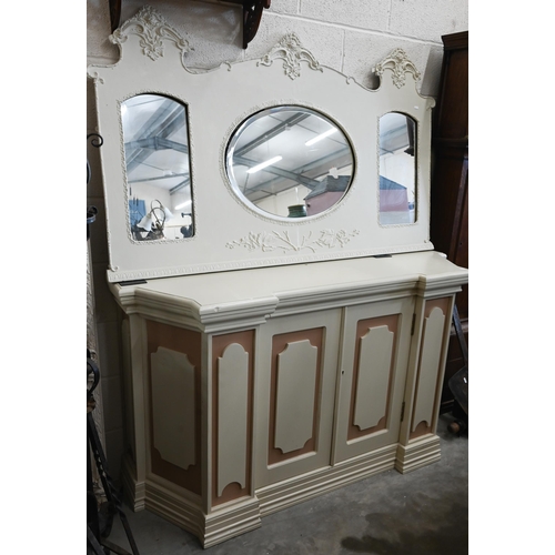 636 - # A painted over mantel mirror to/with a similarly painted sideboard with drawer and cupboards (2)... 