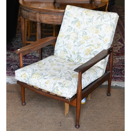 637 - A retro teak reclining armchair, cushion available for pattern replacement