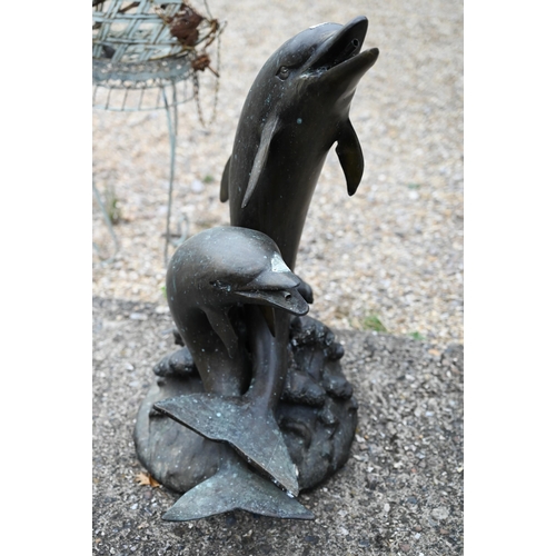 7 - A cast weathered bronze patinated twin dolphin water feature