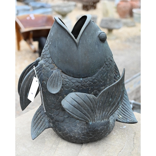8 - A cast weathered metal 'gawping fish' garden pond ornament