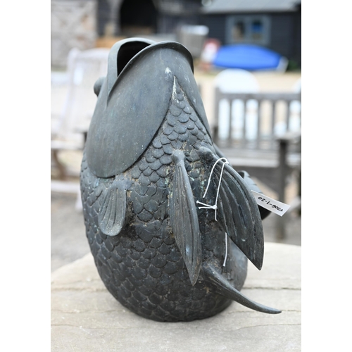 8 - A cast weathered metal 'gawping fish' garden pond ornament