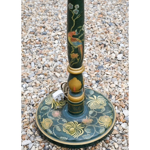 457 - A Japanned standard lamp, green lacquer with polychrome birds and flowers decoration, 160 cm