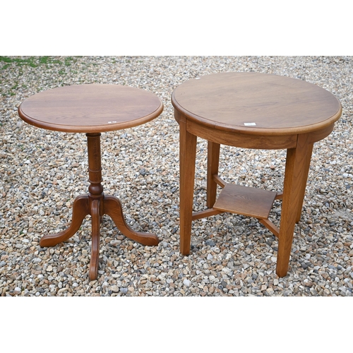 472 - # Two circular oak occasional tables to/w a grey painted bedside table, a square lamp table stained ... 