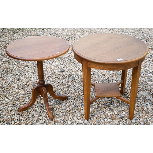 472 - # Two circular oak occasional tables to/w a grey painted bedside table, a square lamp table stained ... 